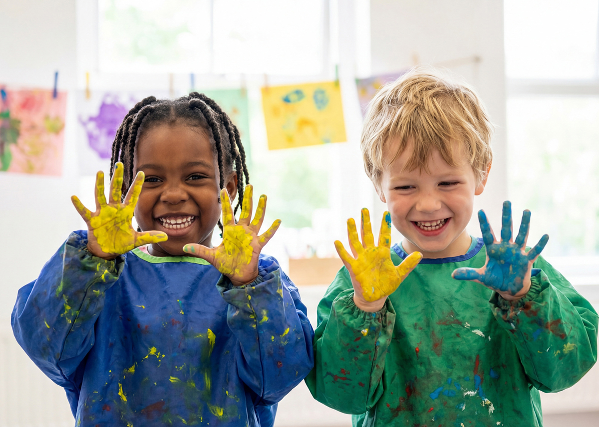 Happy diverse children showing colorful painted hands messy art class kindergarten students creative learning school education fun play childhood joy painting