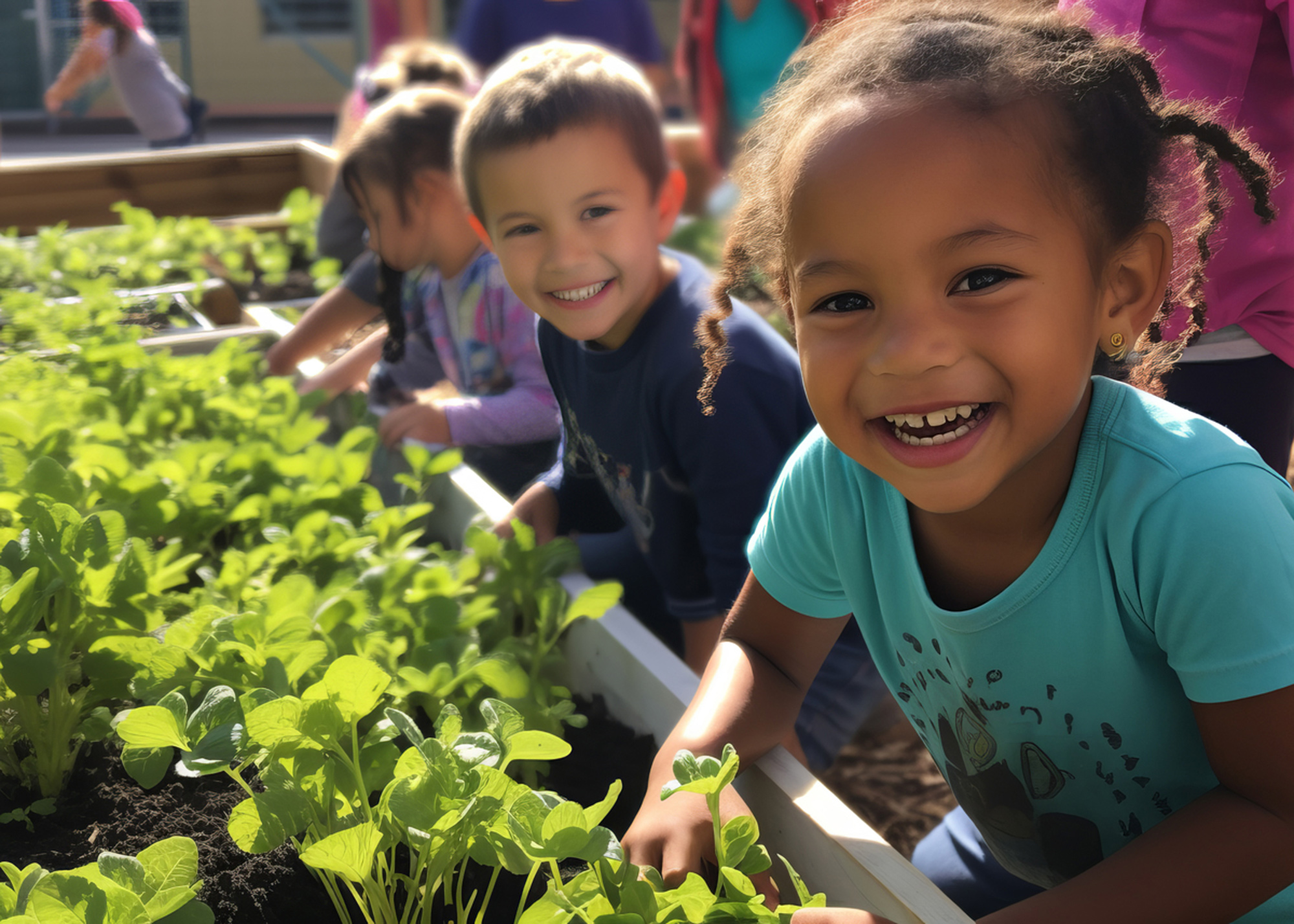 Toddler kids at a community raised bed garden, tending to their plants and flowers with enthusiasm and smiles.